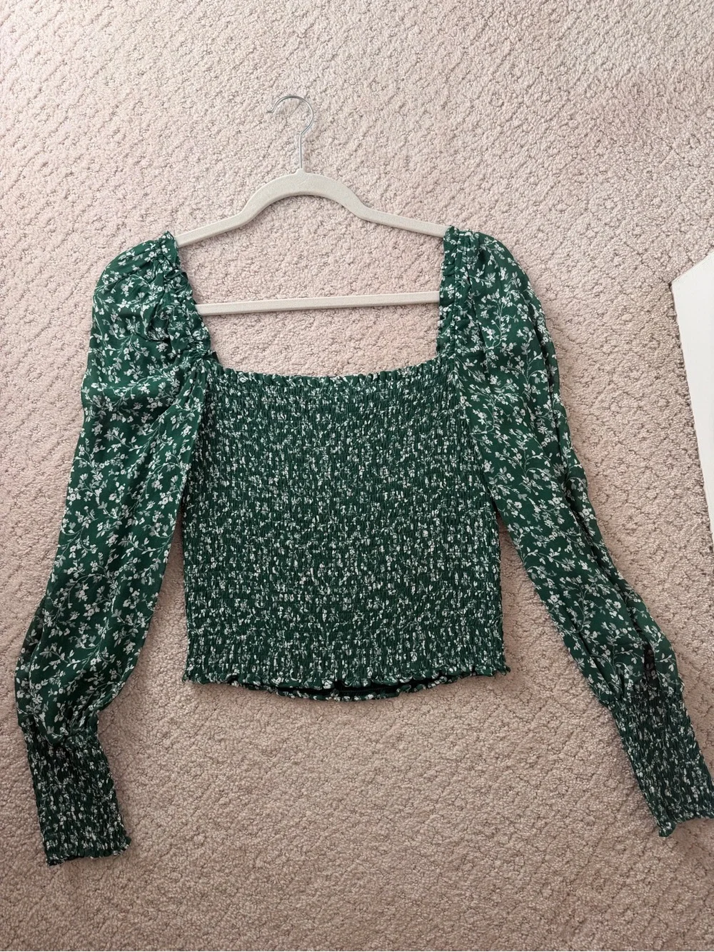 Reformation Smocked Green Floral Square-Neck Top
